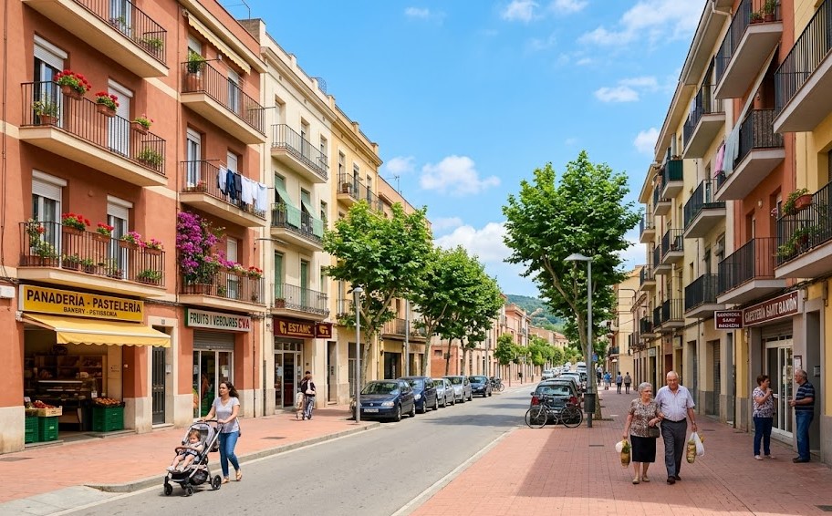 Vistas de las calles residenciales, comercios y la zona del barrio de Sant Ramon en Cerdanyola